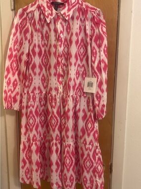 Ellen Tracy Pink and White Long Sleeve Tiered Shirt Dress